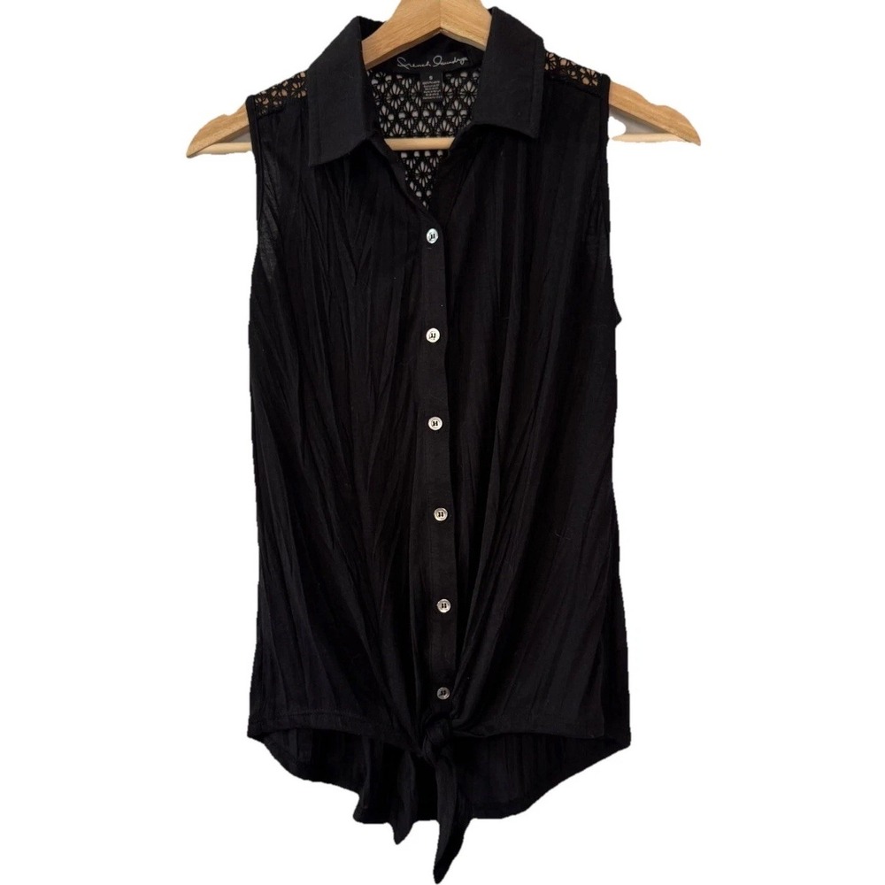 Women's Sleeveless Button up Tank Dark Academia Crochet Back Tie Waist Small Y2K